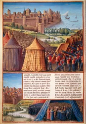 Toinen ristiretki: näkymä Askalonin piirityksestä vuonna 1153, johtajana Balduin III (1131-1162). Miniatyyri Sébastien Mamerot