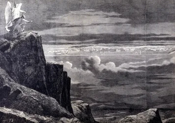Taivaallisen Jerusalemin nähty; kuva maallisesta Jerusalemista viimeisen tuomion jälkeen, se laskeutuu taivaasta asettuakseen maan päälle. Kaiverrus 1800-luvulta.