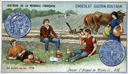 Sarja Ranskan valuutan historia, julkaisija Chocolat Guérin Boutron. 1800-luvun kromolitografia. Clovis II:n hopea denier vuonna 638