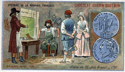 Sarja Ranskan valuutan historia, julkaisija Chocolat Guérin Boutron. 1800-luvun kromolitografia. 15 hopeisen maaperän kolikoita vuonna 1791