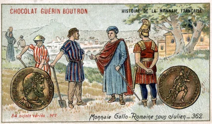 Sarja Ranskan valuutan historia, julkaisija Chocolat Guérin Boutron. 1800-luvun kromolitografia. Gallo roomalaiset kolikot Julienin alla