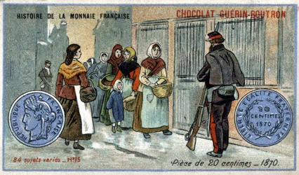Sarja Ranskan valuutan historia, julkaisija Chocolat Guérin Boutron. 1800-luvun kromolitografia. 20 sentin kolikko vuonna 1870