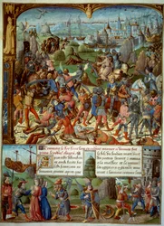 Seitsemäs ristiretki (1248-1254). Päällä Louis IX (Saint Louis) (1215-1270), Ranskan kuningas, risteyksillä sen jälkeen, kun saraseenit voittivat hänet Mansourahissa vuonna 1250. He vetäytyivät Damaskoksen tornien taakse. Ludvig IX ja hänen kaksi veljeään 