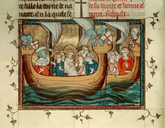Seitsemäs ristiretki: Ranskan kuningas Saint Louis (tai Ludvig IX) (1214-1270) saapuu Nikosiaan Kyprokselle noin 1245. Miniatyyri. B.N. Pariisi