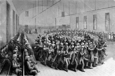 Shaking Quakers uskonnollinen kulkue (tanssi) New Yorkissa. Kuva 1800-luvulta.