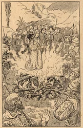Hän pysyy liekkien keskellä... Viterbon pyhä ruusu (Rosa da Viterbo) (1233-1252). Kaiverrus 1800-luvun lopulta. Yksityinen kokoelma.