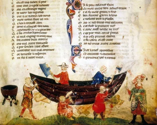 Laivanrakennus ja tiivistäminen 1200-luvulla. Miniatyyri Benoît de Sainte-Mauren teoksesta "Roman de Troie". 1300-luku, Biblioteca Marciana, Venetsia