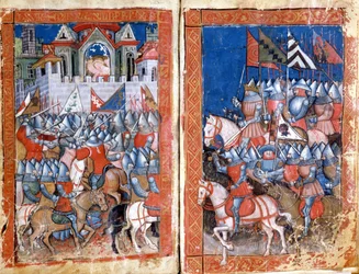 Kaarle Suuren Pamplonan piiritys Espanjassa "Entree of Spain" -miniatyyri. 1300-luvun Venetsia, Biblioteca Marciana.