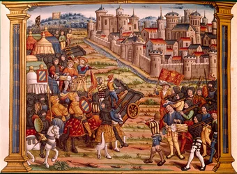 Kaupungin piiritys pommeilla: Ludvig XI Liegeoisia vastaan. Miniatyyri ottaa käsikirjoituksesta "" Les epitaphes des feux kings Louis XI:nnen tämän nimen ja Charlesin hänen poikansa VIII:sta tämän nimen jumala absoe""