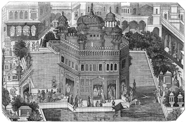 Sikhismi: näkymä Kultaiseen temppeliin (Harmandir Sahib), sikhien uskonnon kulttuurikeskukseen, altaalle ja Amritsarin kaupunkiin Intian Panjabin osavaltiossa (Lahoren kuningaskunta). "" Maalauksellisessa kaupassa"" 1836