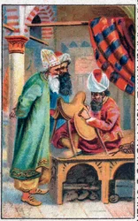 Sindbad tekee satulan. Merimies Sinbad (Sindbad) upeat seikkailut. Suosittu tarina 1001 yöstä (tuhat ja yksi yö). 1800-luvun lopun kromolitografia.
