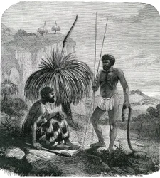 Käärmeenmetsästäjät Australiassa. Kaiverrus 1868