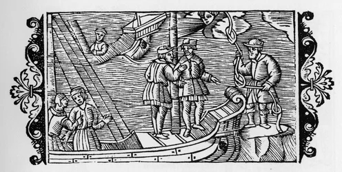 Noita myy merimiehille tuulia lukittuina köyden kolmeen solmuun - Olaus Magnuksen teoksessa "Historia de Gentibus Septentrionalibus" (Pohjolan kansojen historia), Rooma 1555
