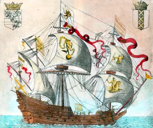 Espanjalainen laiva 1500-luvulta. kaiverrus 1500-luvulta. BN, Pariisi.