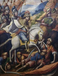 Pyhä Jaakob surmaa maureja ratsain, yksityiskohta teoksesta Paravento della conquista (Valloituksen serminä), tuntemattomalta 1600-luvun taiteilijalta, 213x550 cm, Meksiko