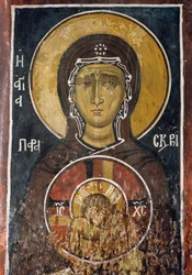 Pyhä Paraskevi, pitkäperjantain henkilöitymä, pitelee korkeimman nöyryyden Kristuksen ikonia, fresko (1332-1333), bysanttilainen Asinoun Neitsyt Marian kirkko (1100-luku) (Unescon maailmanperintöluettelo, 2001) Troodos-vuoret, Kypros