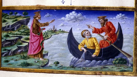 St. Peter: Kalastus Tiberias-järvellä. Pienoismalli 1400-luvulta. Milano, Biblioteca Trivulziana.
