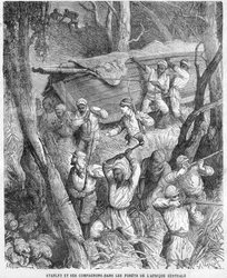 Stanley Afrikassa - Stanleyn tutkimusmatka Keski-Afrikkaan 1874-1877: Marssi viidakon läpi - Puupiirros Horace Castellin (1825-1889) piirustuksen mukaan.