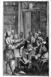 Stephen Grayn koe (1670 - 1736) ihmiskehon sähkönjohtavuudesta. Kaiverrus 1800-luvulta.