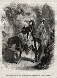 Tällainen nainen, joka lukee tämän, lyö minut mielellään, eikä olisi väärässä. - Kuvitus Jean-Jacques (Jean Jacques) Rousseaun (1712-1778) ""-tunnustuksille" - kaiverrus vuodelta 1849