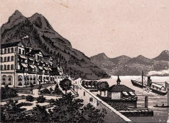 Sveitsi: näkymä Gersaun kaupunkiin. kirjassa "" Maailma havainnollistaa 168 näkymää"" Päiväämätön (1800-luvun loppu)