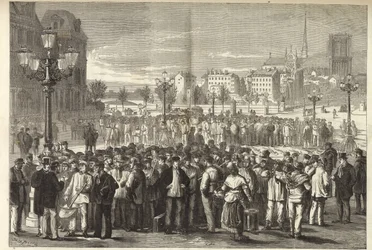 Muurarien markkinat Place de l’Hôtel de Villellä Pariisissa. Herra Jules Pelcoq - kaiverrus 1869