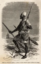 Talibe (nuori opiskelija, joka opiskelee Koraania) kuningas Ahmadun (Toucouleur) armeijasta sotapuvussa. Kaiverrus havainnollistamaan luutnantti (laivasto) M.Magen matkaa Länsi-Sudaniin vuosina 1863-1866, julkaistu lehdessä "Le tour du monde, nouveau journ