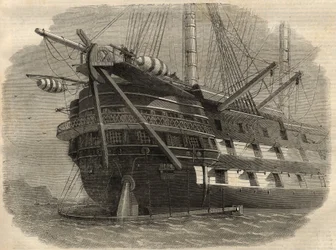 Lennätys: näkymä aluksen perästä H.M.S. "Agamemnon", joka laskee ensimmäisen transatlanttisen kaapelin. Kaiverrus "" The Illustrated London News" -julkaisuun 5. kesäkuuta