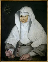 Apteekkisisar Pierrette Monnet (1557-1628), Hotel Dieu de Beaunessa. Edustettuna huhmareella ja hänen survin on hänen kätensä. Anonyymi maalaus, öljy kankaalle