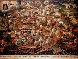 Lepanten taistelu Kreikan rannikolla vastusti espanjalaisia, venetsialaisia ja paavin joukkoja ottomaaneja vastaan vuonna 1571. Nimetön maalaus. 16. vuosisata. Venetsian Museo Correr