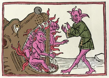 Belial-oikeudenkäynti: "Belial-demoni palaa manalan sisäänkäynnille". Kaiverrus Jacobus de Teramon (tai Palladinon) teoksesta "Belial-oikeudenkäynti", Augsburg