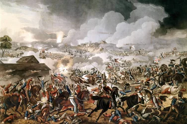 Wellingtonin herttuan (1769 - 1852) komentama brittiarmeija voitti Waterloon taistelun Napoleon I:n ranskalaisia joukkoja vastaan 18.6.1815. Kauden kaiverrus.