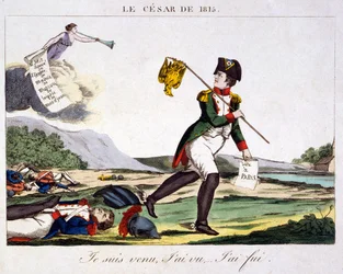 Vuoden 1815 Caesar - Tulin, näin ... juoksin pakoon. Pilakuva Napoleon I:stä pakenemassa taistelukentältä, jolla kuolleet ranskalaiset sotilaat makaavat hajallaan. Kaiverrus 1815 - Napoleon Bonaparte (15. elokuuta 1769 - 5. toukokuuta 1821) oli