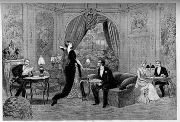 Riverollesin kreivi, Francine, Stanislas de Grandredon, Therese Smith ja Henri de Simeux, Alexandre Dumasin (1824-1895) komedian Francillon näytelmän hahmot Comedie-Francaisessa (1887) Pariisissa. Kaiverrus "" Le monde illustriou