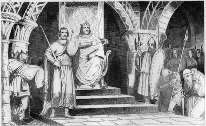 Khilperik II:n (670-721) kruunaus - Neustrian major domus Ragenfrid (Ragenfred) asettaa Khilperik II:n (670-721) valtaistuimelle vuonna 715 - Vuoden 1825 kaiverrus teoksessa ”Ranskan historia synoptisin maalauksin esitettynä, omistettu Ranskan lapsille”