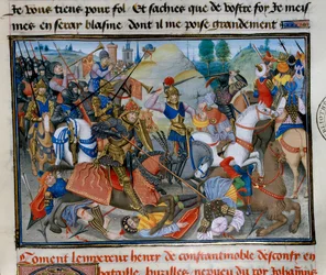 Konstantinopolin keisari Henrik I Flanderin Hainaut (1177-1216) taistelun aikana. Miniatyyri David Aubertin "" Chronicle abregee -kirjasta".