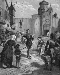 Saksalainen ritari, runoilija ja humanisti Ulrich von Hutten (1488-1523) julistaa kadulla yhtä runoistaan. Kaiverrus 1800-luvulta. Jules Micheletin teoksessa "Histoire de France".