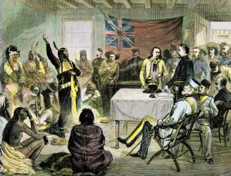 Intiaanisota Yhdysvalloissa - "" istuva härkä"neuvosto istuvan härän ja Buffalo Billin kanssa Fort Walshissa, Britannian alueella, lokakuu 1877 - Sitting Bull ja Buffalo Bill: Sitting Bull Council Fort Walshissa, brittiläisellä alueella, sodan aikana kanss