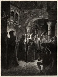 Ranskan kuningas Henrik III (1551-1589) valkoisessa katuvassa puvussa”” Kuninkaan perustama Confrerie-kulkue 23.3.1585 (Ranskan kuningas Henrik III valkoisessa katuvassa kulkueessa)