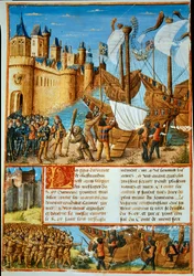 Ranskan kuningas Ludvig IX (Pyhä Ludvig) (1214-1270) lähtee seitsemännelle ristiretkelle. Miniatyyri Sebastien Mamerot
