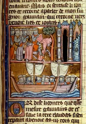 Ritarit lähtivät ristiretkelle. Miniatyyri otettu Robert De Borronin (ou Boron) (1147-1170) teoksesta "La quete du Holy Grail et la mort du roi Arthur" Noin 1280 Paris, B.N.