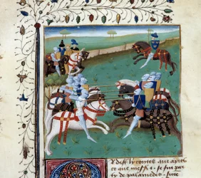 Knights of the Round Table osallistuu ritarilliseen turnaukseen. Miniatyyri Master Charles of Mainen käsikirjoituksesta "Tristanin romaani".