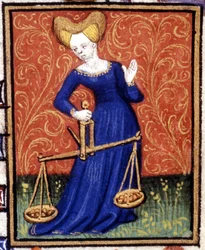 Vaaka. Horoskoopin miniatyyri. 1500-luvun käsikirjoitus. Bibl. Trivulziana, Milano.