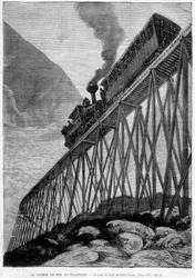 Tyynenmeren rautatie Dale Creekin puusillalla - kaiverrus, 1800-luvun loppu