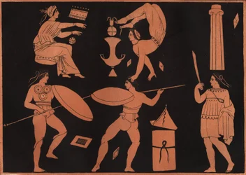 Pyrrhichios-tanssi (pyrrhinen tanssi) - kaiverrus teoksesta "Usi e Costumi di Tutti i Popoli dell
