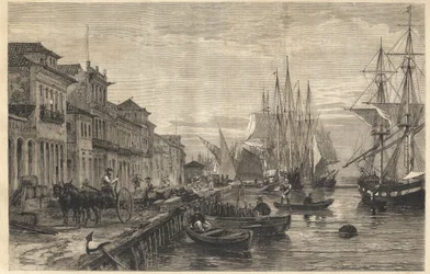 Boa Vistan laituri San Pedro de Rio Grande do Sulissa, Brasilian satama - Le quai de Belle-Vue, San Pedro de Rio Grande (Brasilia) - Sao Pedro do Rio Grande do Sulin kapteeni - Kaiverrus kohteesta " "The Illustrous Universe" 1866