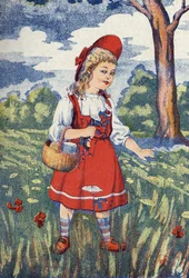 Punahilkassa on kukkia. Kuvitus "Punahilkka", ranskalaisen kirjailijan Charles Perraultin (1628-1703) tarina. Anonyymi kuva. Kuva Marcel Vagne, Jarville Nancy, päivätty (1800-luvun loppu).