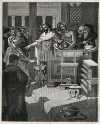 Rooman keisari Caligula (12-41) brocanterissa Rooman Galliassa. Kaiverrus vuodelta 1885 kirjassa "Les arts et metiers illustres", kirjoittanut Adolphe BITARD.