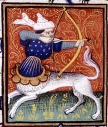 Jousimies. Horoskoopin miniatyyri. 1500-luvun käsikirjoitus. Bibl. Trivulziana, Milano.