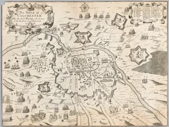 Lord Fairfaxin Colchesterin piiritys, sellaisena kuin se oli linjan ja rakennusten kanssa 1648 (kaiverrus)